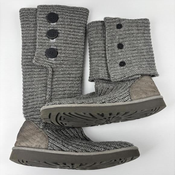 UGG Womens‎ Sz 10 Classic CARDY Winter Boots Buttons Gray Knit Shearling Insoles - Picture 1 of 15